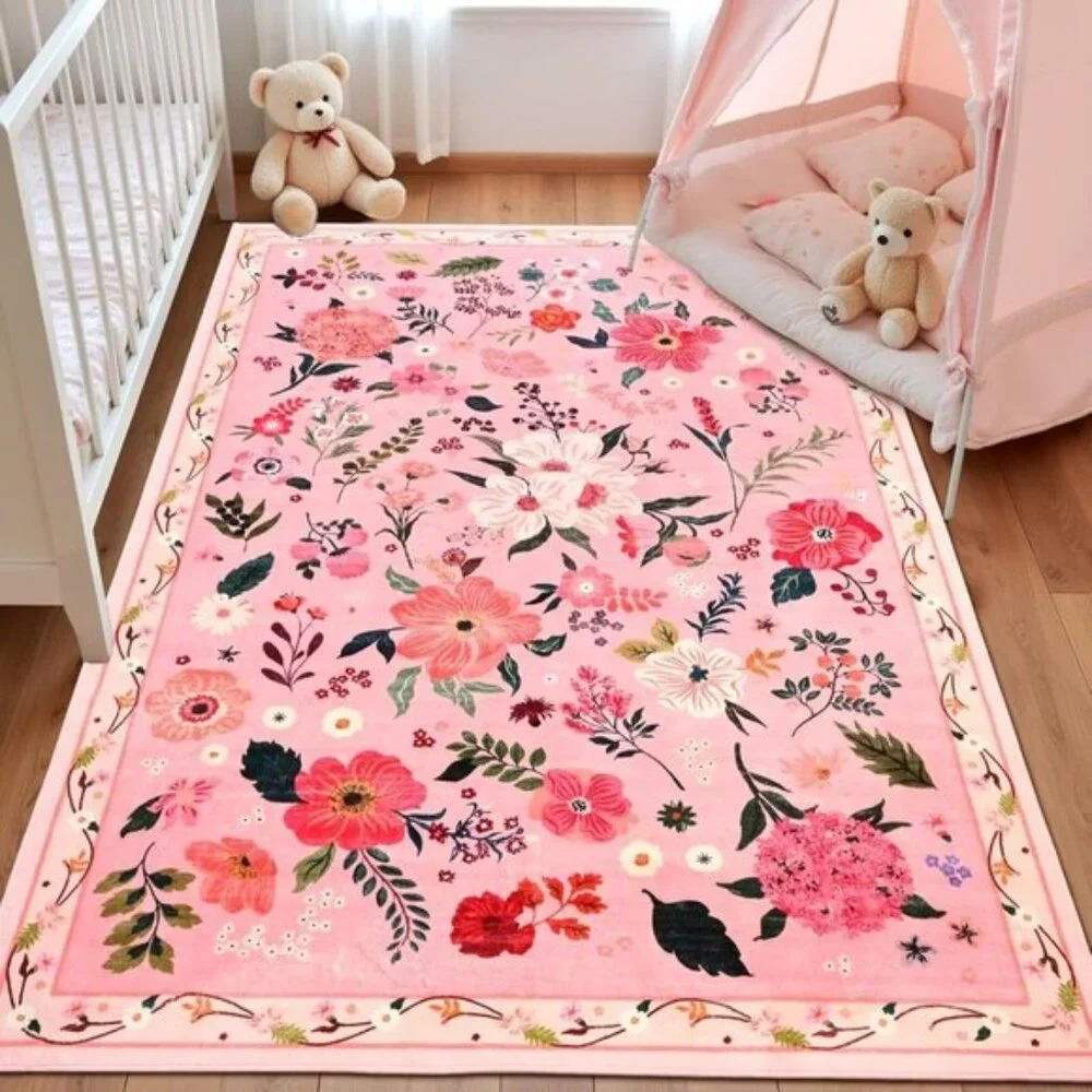 New 5x7 Pink Floral Rug, Washable, Non-Slip Carpet for Girls’ Bedroom & Playroom